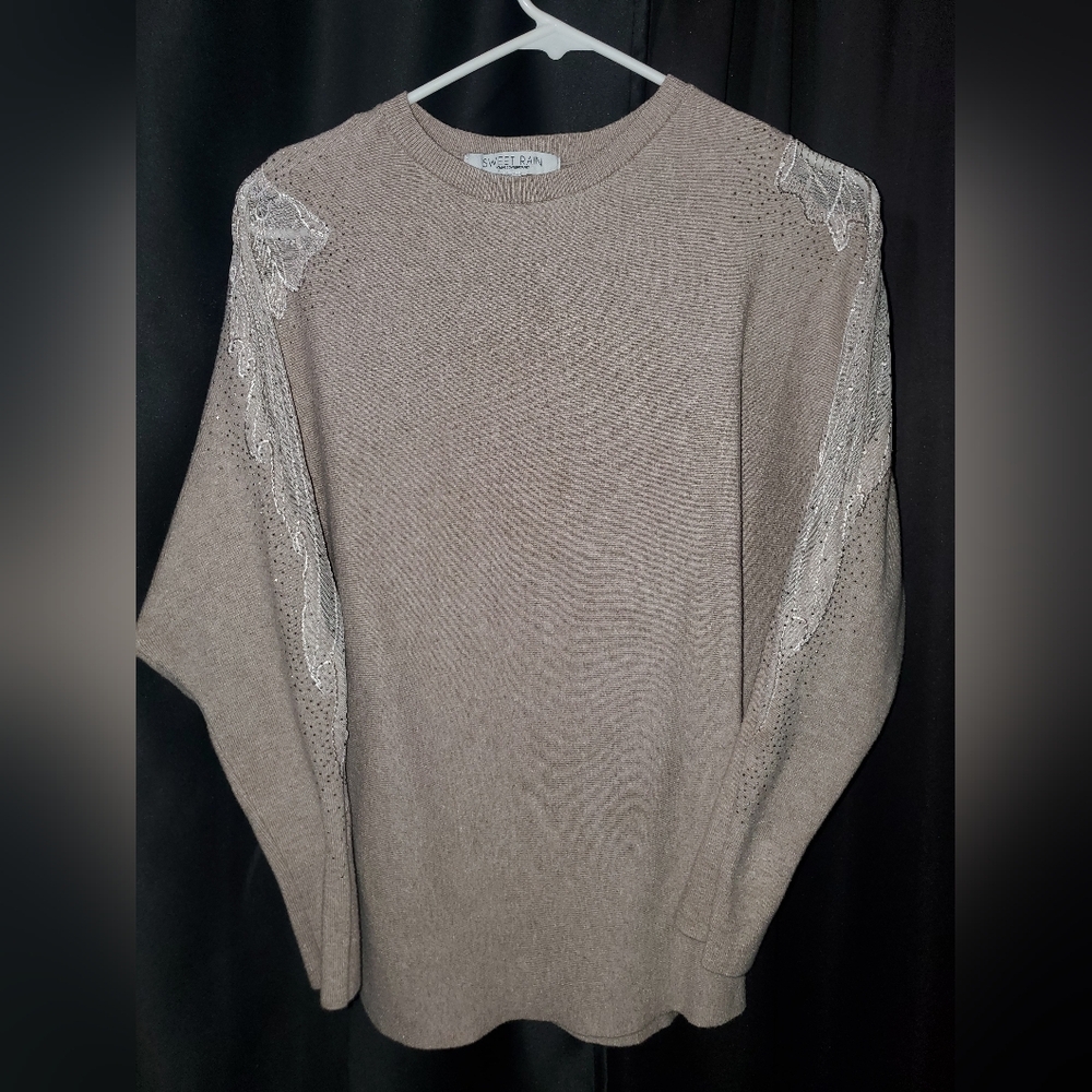 Sweet Rain Taupe Sweater with Lace Accents